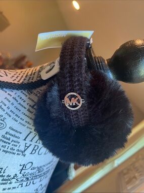 Michael Kors Kids Black Faux Fur Knit Headband Ear Muffs with MK Emblem